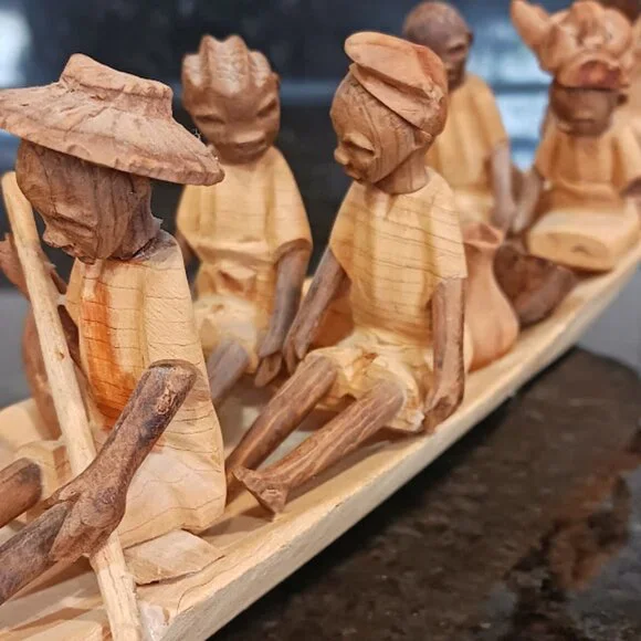 Folk Art Sculpture Carving Ghanaian Boat People (6) Vintage, 12 inches - Picture 2 of 13